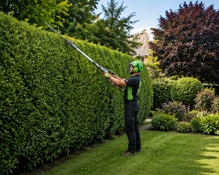 Reducing the height of a large overgrown hedge in Worcester
