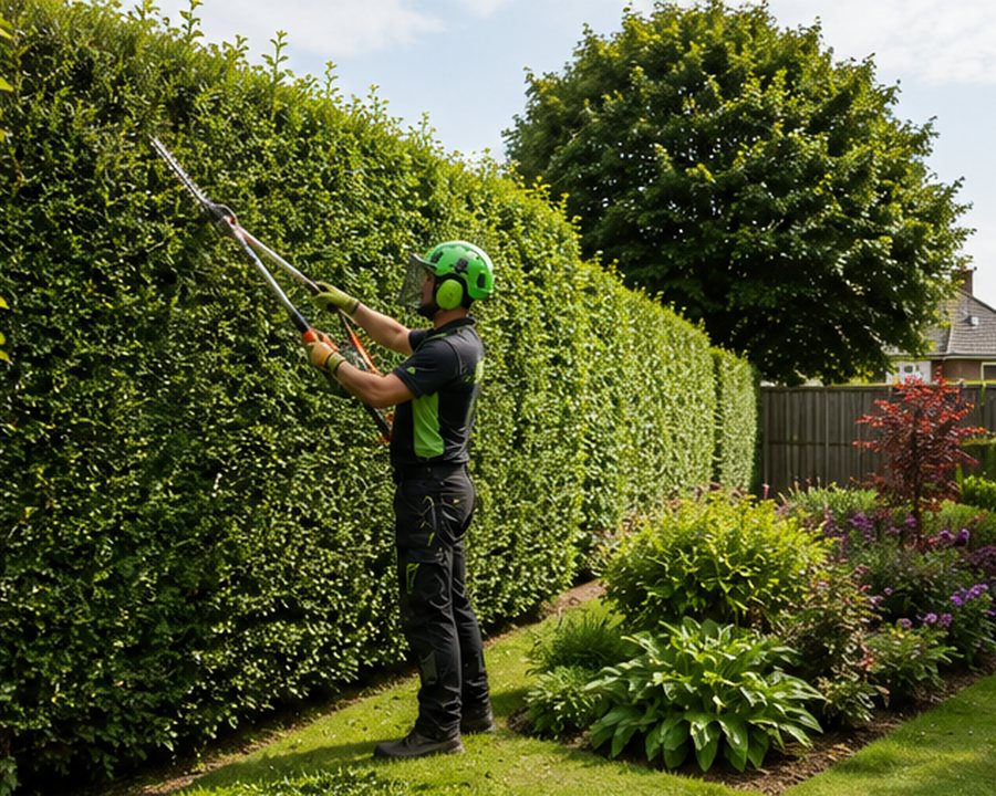 Trimming a tall garden hedge to a clean line
