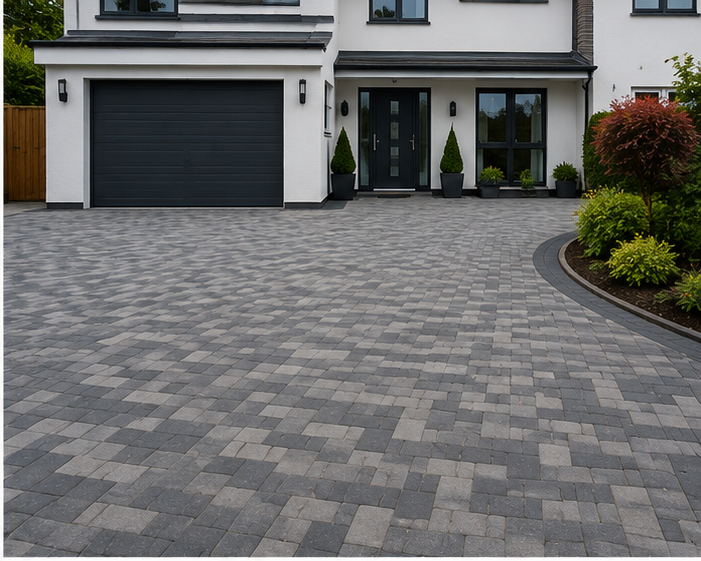 Herringbone block paving driveway with a contrasting border, Worcestershire