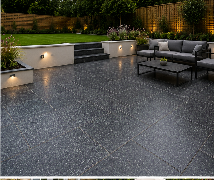 Silver-grey granite paving on a Worcestershire driveway entrance