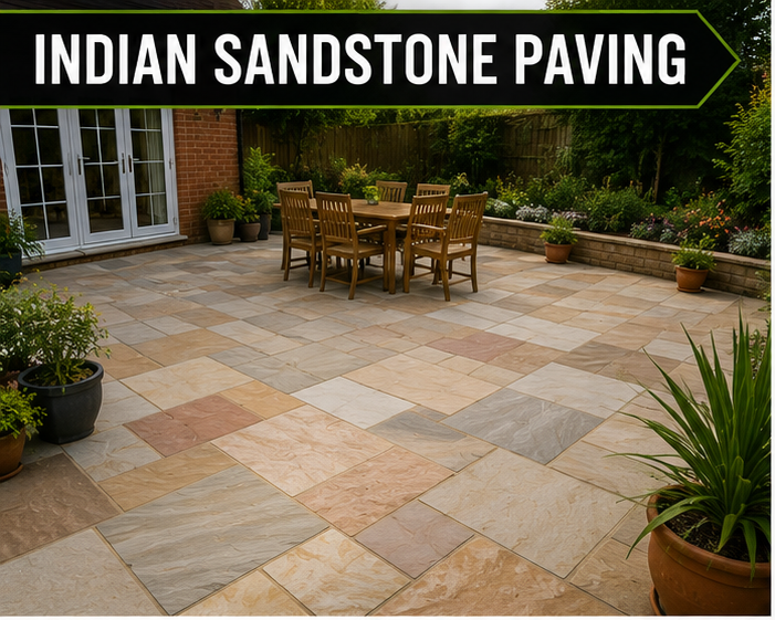 Buff Indian sandstone patio laid by SPR Paving for a Worcester garden
