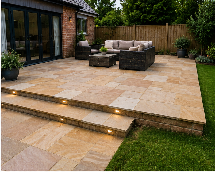 Close-up of mixed-colour Indian sandstone paving slabs in Worcestershire
