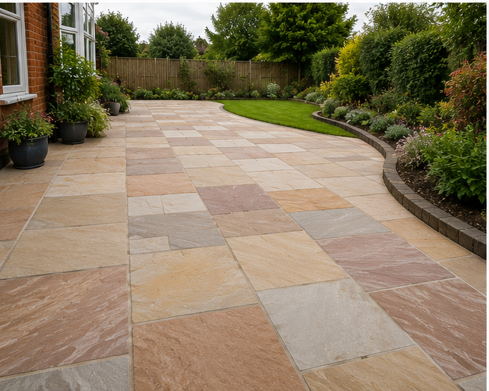 Indian sandstone patio with planting borders in a Worcester garden