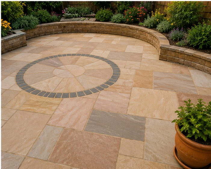 Indian sandstone path and seating area installed by SPR Paving