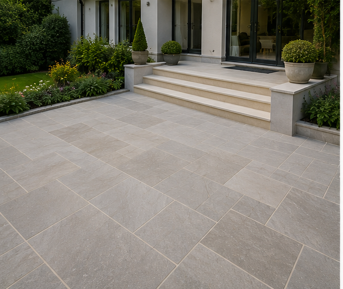 Limestone paved seating area in a Worcester garden