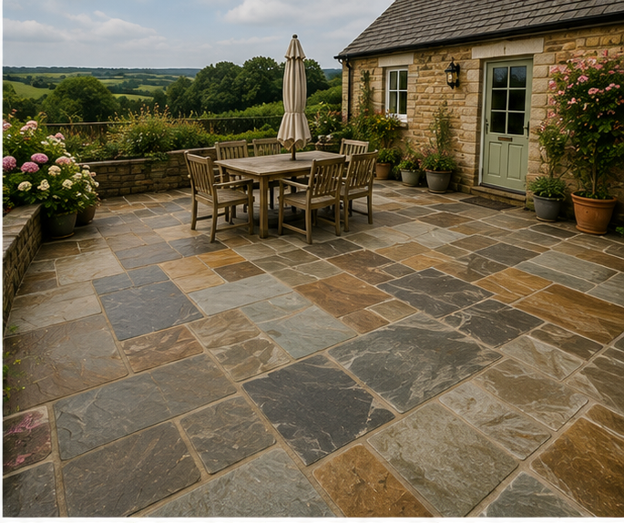 Textured natural stone paving in a traditional Worcestershire garden