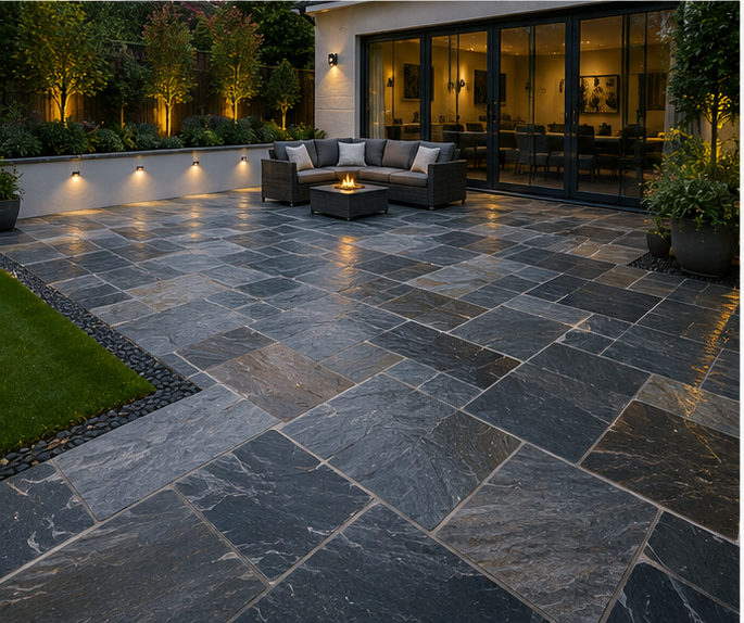 Natural stone path connecting a Worcester garden and patio