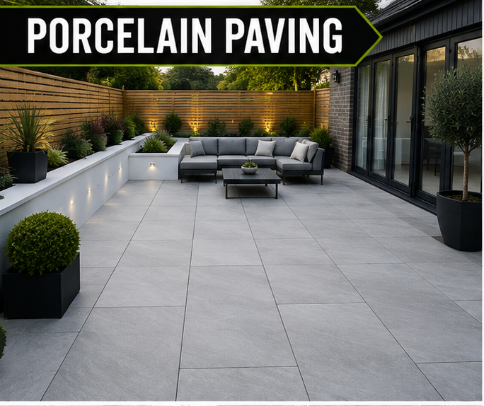 Grey porcelain patio installed by SPR Paving in Worcester