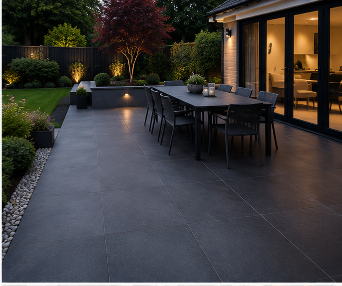 Large-format porcelain paving slabs on a modern Worcestershire patio