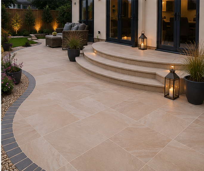 Charcoal porcelain paving detail in a Worcestershire garden